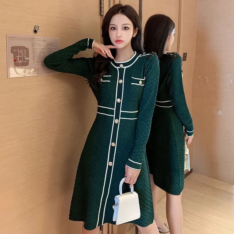 French Vintage Ladies High Quality Autumn Summer Straight Fitted Short Dress Button Up Long Sleeve Knit Dresses for women 2022