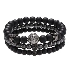 Lion head bracelet set fashion jewelry men's retro matte black glass bead frosted custom make men designer stone beads bracelet