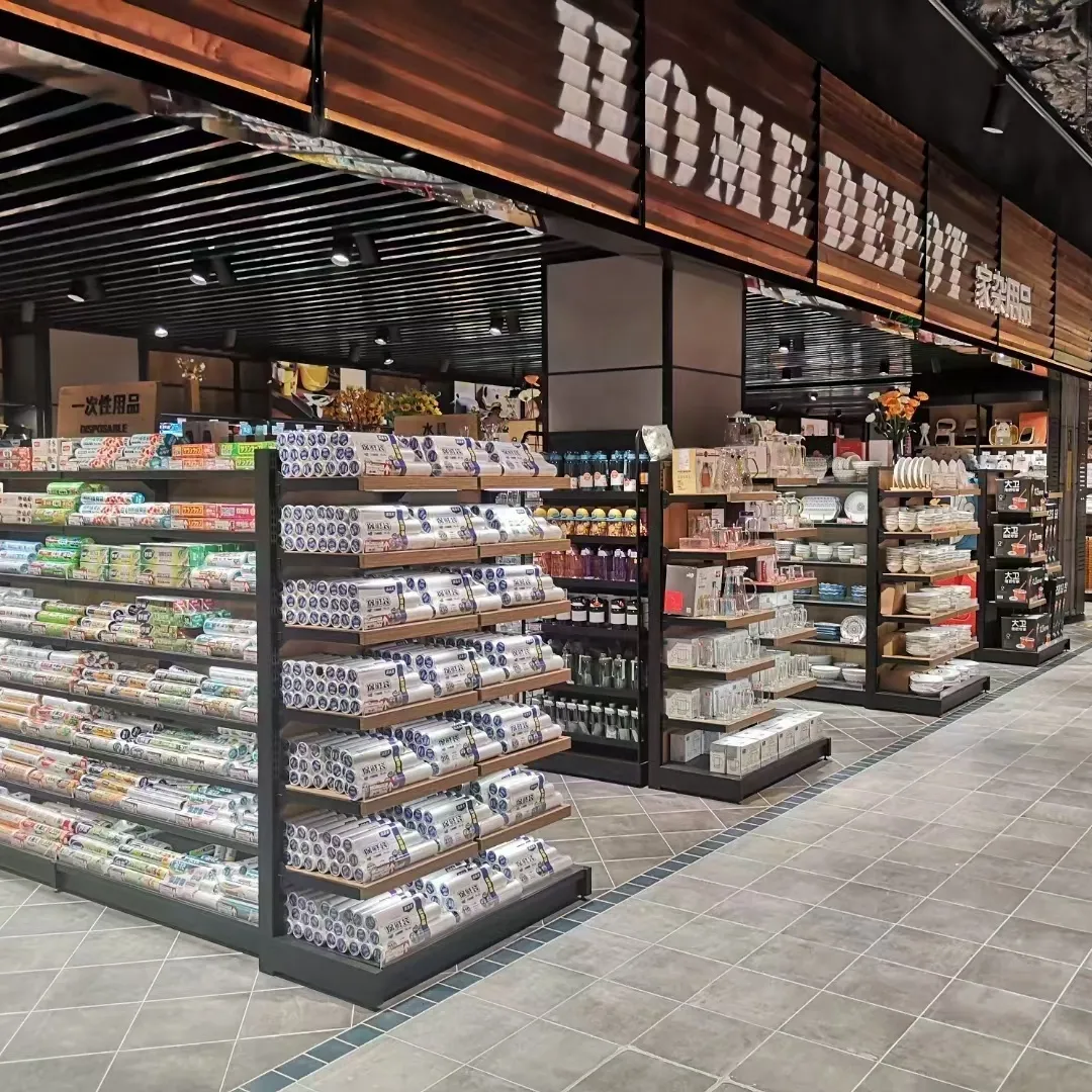 2022 nuovo design supermercato negozio di attrezzature negozio montaggio display scaffali in legno per la vendita al dettaglio