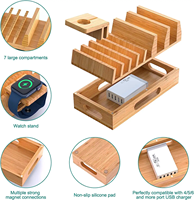 Boîte de rangement de câbles et station de charge multi-appareils en bambou pour téléphone et montre, organisateur de bureau pour la maison et le bureau, vente en gros, personnalisable OEM