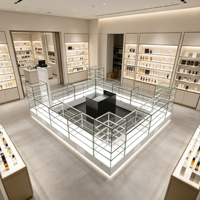 Solution complète de boutique de parfums tout-en-un : comptoir de présentation de parfums en verre avec structure métallique, vitrine personnalisée, design d'intérieur