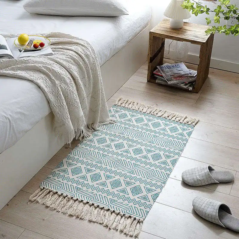 Fast Shipments Bedroom Floor Carpets Area Rugs Retro Nordic Style Woven Rug Cotton Linen Tassels Rugs