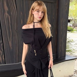 Top Nero Estivo con Lacci da <span class=keywords><strong>Donna</strong></span>, Scollo a Barca, Slim Fit, Vita Alta, Tinta Unita, Sexy, Stile Y2K, con Fasce, Canotta, T-shirt - Product Image 5