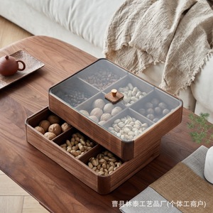 Boîte de rangement en bois de noyer noir à plusieurs compartiments avec couvercle pour organiser les collations, les noix, les fruits, rectangulaire, décorative pour la maison - Product Image 4