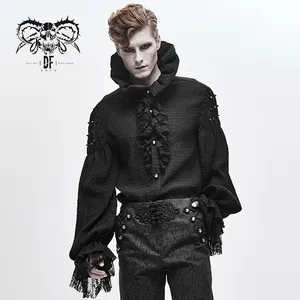 SHT05001 Duivel Mode Gothic Party Kant Manchet Hoge Kraag Geplooid Chiffon Zwarte Mannen Shirts