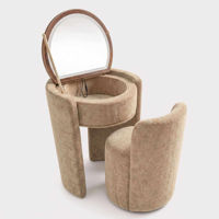 Coiffeuse en tissu mélaminé pin avec miroir rond à cadre en bois, ensemble de coiffeuse au design élégant pour coin maquillage de chambre
