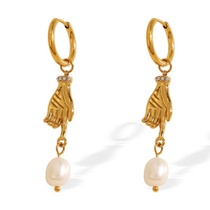 Fashion Drop Earrings Gold <b>Hand</b> Design Freshwater Pearl Zinc Alloy Party Jewelry EH811 - Product Image 5