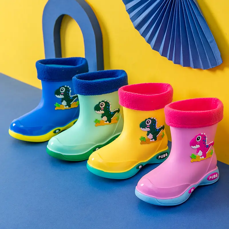 Sapatos de água para menina Menino Sapatos Impermeável Cute Rain Boots Crianças PVC Rubber Dinosaur Pattern Rain Shoes com veludo removível