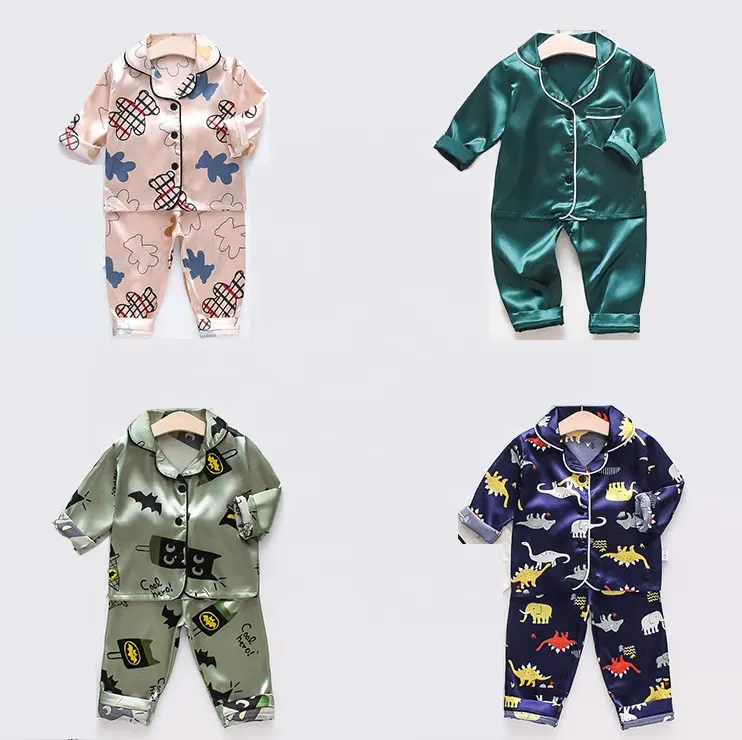 Fashion Print silk pajamas kids Set Long sleeve satin sleepwear kids homewear Set