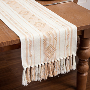 Buti Cotton Flax Tassel Table Runner Country Strip Table Runner Decoration Festival Wedding Table Runner