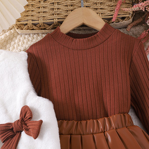 ملابس شتوية جديدة 3 طقم ملابس طويلة الأكمام داخلية مباراة + سترة سميكة + بو الجلود تنورة قصيرة ملابس الفتيات - Product Image 5