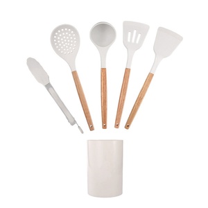 Ensemble de 6 ustensiles de cuisine en bois, ustensiles de cuisine en silicone antiadhésifs avec support pour ustensiles de cuisine - Product Image 1