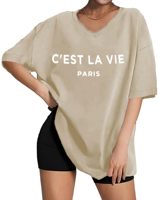 Camiseta de manga corta con cuello en V de gran tamaño para mujer, camiseta estampada Vintage de algodón de punto de alta calidad personalizada, ropa de mujer