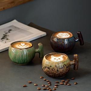 Pine Pavilion <b>Vintage</b> Textured Ceramic Coffee <b>Mug</b> 300ml Ribbed Round Kiln Changed Glaze Latte Cup for Commercial Cafe Barista - Product Image 1