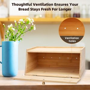 Boîte à pain en bambou, tiroir de rangement en bois avec poignée, anti-poussière, multi-usages, pour le bureau, couleur bois naturel - Product Image 2