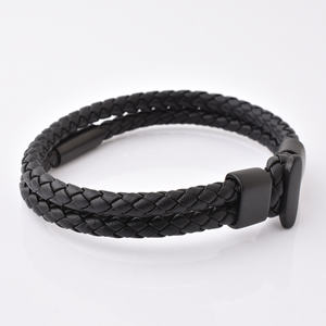 Toptan moda kişiselleştirilmiş koleksiyon takı mat siyah örgülü toka erkek deri bileklik bilezik - Product Image 3