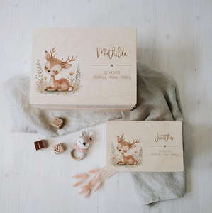 Boîte à souvenirs personnalisée en bois de bouleau non traité avec nom Animaux de la forêt mignons pour stocker et décorer Baptême <span class=keywords><strong>Naissance</strong></span> - Product Image 1