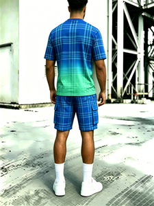 T-shirt dégradé bleu-vert à carreaux pour homme et short cargo à carreaux – Ensemble décontracté 2 pièces - Product Image 2