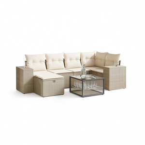 Ensemble de canapés de jardin en polyrotin beige, structure en acier, 6 places, mobilier d'extérieur, design contemporain, résistant aux intempéries - Product Image 1