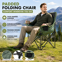 Chaise de camping pliante carrée moderne avec rembourrage épais, tissu Oxford vert, structure en tube métallique, porte-gobelet intégré, sac de rangement latéral