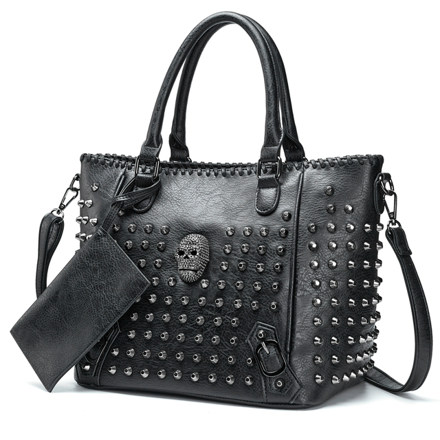 New Rivet  Pu Leather Tote Bag Purse Skull Handbag Quality Punk Shoulder Bag Crossbody Bag