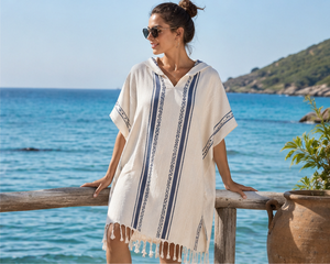 Commercial Beach Hooded Poncho Towel Wholesale Turkish Cotton Striped Fringed Changing Towel Robe For Surf Beach - Product Image 5