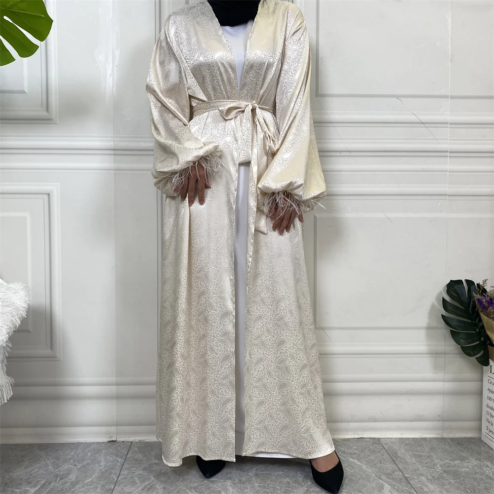 1950# New Design Satin Pretty Pattern Print With Feather Simplicity Elegant Cardigan Muslim Abaya - CHAOMENG MUSLIM SHOP