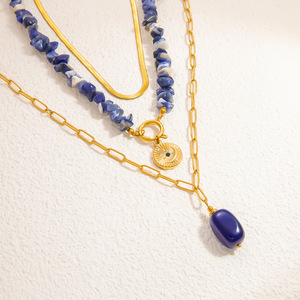 Collier superposé tendance en pierre naturelle, plaqué or 18 carats, acier inoxydable, ras-de-cou multi-brins avec pendentif, chaîne de clavicule, automne-hiver - Product Image 4