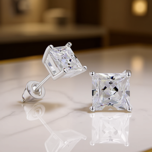 Boucles d'oreilles clous en argent 925 avec cristaux, 4 mm, carrées, serties griffes, classiques, unisexes, pour usage quotidien - Product Image 2