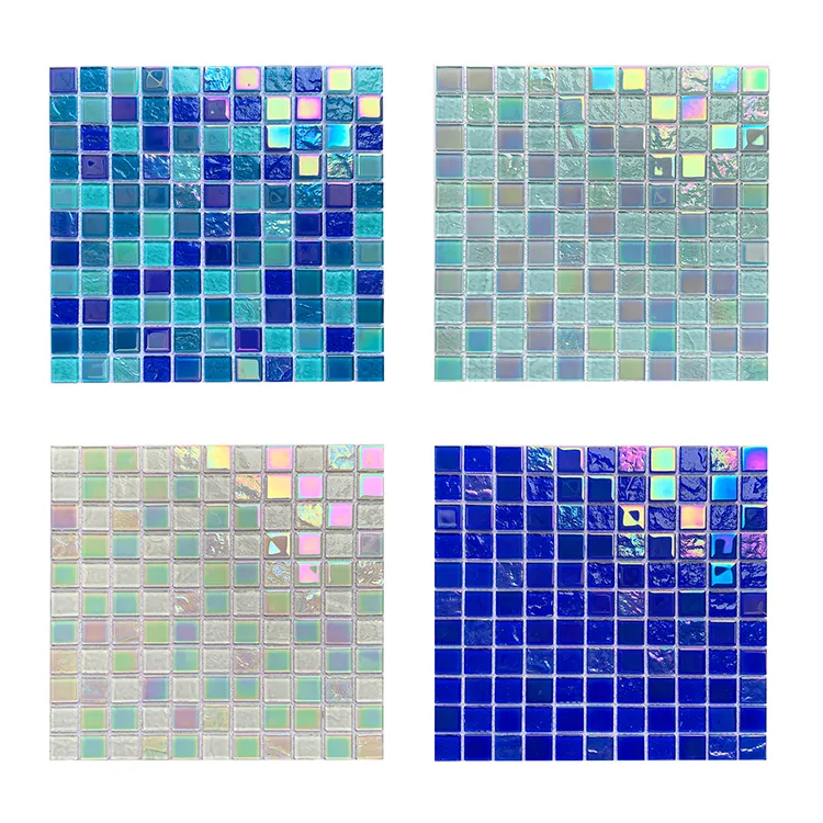 बाथरूम और शौचालय के लिए फ़ोशान फ़ैक्टरी कस्टम नीला रंग इंद्रधनुषी ग्लास मोज़ेक पूल टाइल