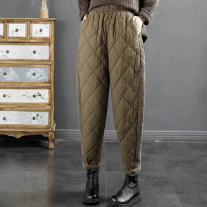 Casual Long Pants Diamond Pattern Down Cotton Plus Size Women Windproof Harem Pants Thickening Micro Elasticity Corduroy Fabric - Product Image 4