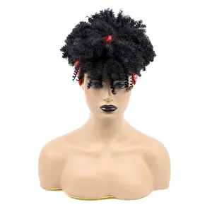 Wig Bando untuk Wanita, Rambut Palsu Keriting Afro Puff Pendek Keriting Suhu Tinggi Sintetis Afro