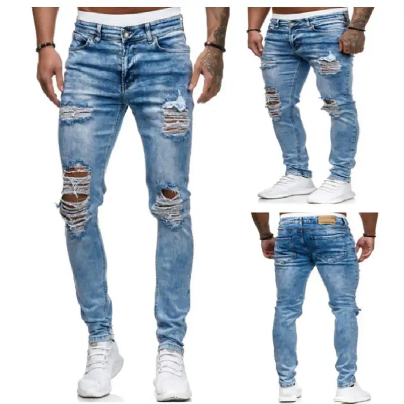 Özel mavi yıkanmış erkekler kot slim fit ağır sıkıntılı kolombiyalı çan alt haut homme pantolon jean