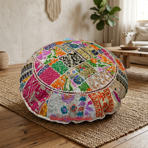 Handcrafted Cotton <b>Round</b> Floor <b>Cushion</b> with Orange Multicolor Patchwork Embroidery Decorative Floor Seating <b>Cushion</b> for Home - Product Image 1