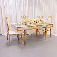Table de mariage moderne de luxe en acier inoxydable avec plateau en verre, mobilier haut de gamme pour banquets et événements de mariage