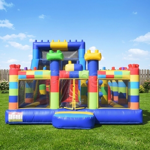 Château gonflable pour enfants avec toboggan et parcours d'obstacles à thème blocs, combo château <span class=keywords><strong>de</strong></span> saut humide/sec avec souffleur pour fête - Product Image 2
