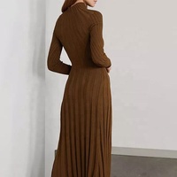 Robe longue décontractée à col haut, plissée, côtelée, marron, coupe trapèze, couleur unie, collection automne/hiver