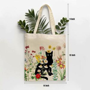 Free Sample Black Cat Canvas Tote <b>Bag</b> Vintage <b>Flowers</b> Cute <b>Bag</b> Aesthetic Reusable Shopping Grocery <b>Bags</b> Birthday <b>Gifts</b> for - Product Image 2