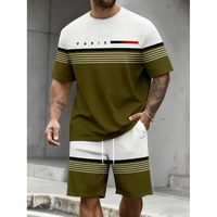 T-shirts pour hommes : Ensemble de t-shirts pour hommes : Ensemble deux pièces d'été en polyester avec t-shirt à manches courtes imprimé lettres et short