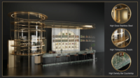 Kiosque de bar de luxe tout-en-un avec comptoir incurvé en marbre vert, présentoir de bouteilles en forme de tour dorée, étagère arrière en verre, LED personnalisée 3D OEM gratuite