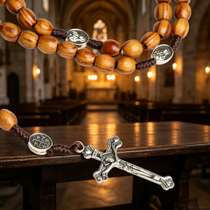 Bracelets de Saint Benoît rigides en acier inoxydable fini rouge, avec perles et pendentif Denario Varón Abad, et bracelet en cuir maillé avec cordon ajustable. - Product Image 1