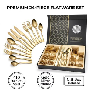 Lot de 24 couverts en acier inoxydable titane doré, écologiques et durables, finition miroir, coffret cadeau - Product Image 1