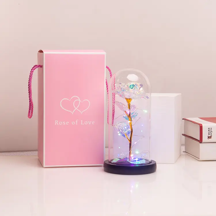 2022 Wholesale Valentine Day Gifts Preserved Rose Forever Flowers LED Glass Cover Night Light