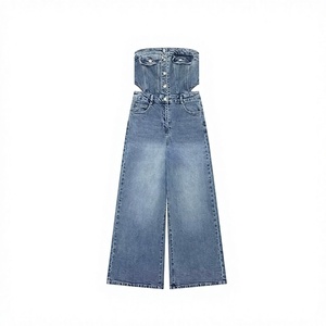 Combinaison en jean sans manches taille haute pour femme, jambe large, couleur unie, boutonnée sur le devant, tenue une pièce décontractée pour le printemps et l'été - Product Image 1