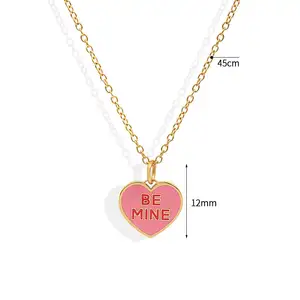 New Fashion Herz Halskette Edelstahl 18 Karat vergoldet Pink Emaille Herz Halskette Wasserdichte süße Halskette
