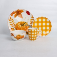Service de vaisselle en grès à motif citrouille et carreaux de buffle pour la récolte d'automne, assiettes et bols d'automne pour Thanksgiving, compatibles micro-ondes et lave-vaisselle