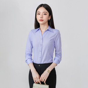 Women's Long Sleeve Shirt Light Blue Solid Color No-Wrinkle Polyester Workwear Comfortable Office Uniform - Product Image 3