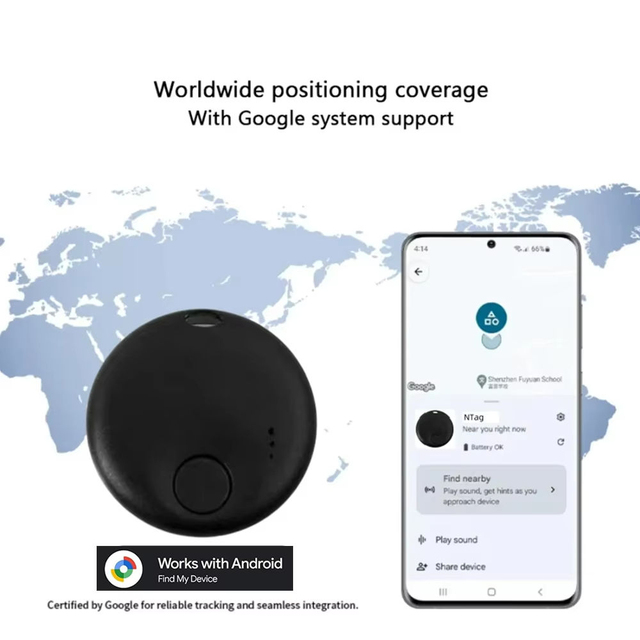 Portable GPS Tracker for Android Google Find My Device, Lightweight 33x33mm Coin Tag, 1 Year Standby Low Power