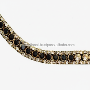 Équipement d'équitation en cuir de selle noir durable Bande de sourcils de cheval décorative à 3 rangées de cristaux noirs et clairs Strass Bling - Product Image 1