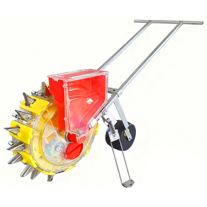 Semoir manuel pour graines d'oignons avec trémie rouge et roue à pointes jaunes pour un semis de précision dans les jardins potagers - Product Image 1